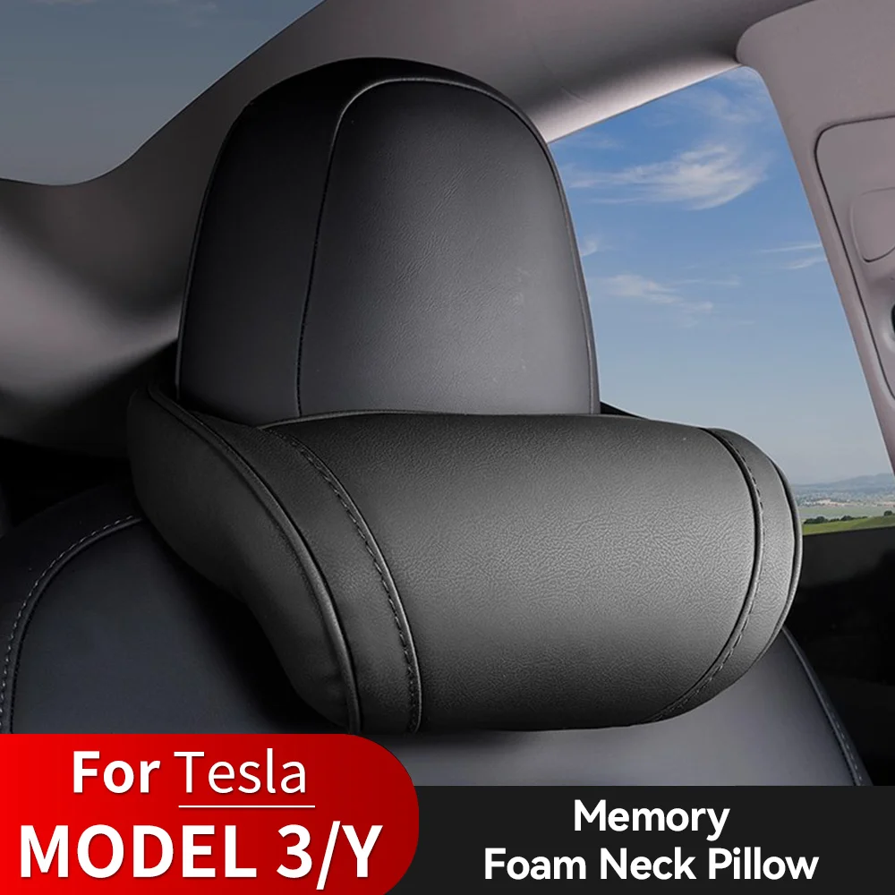 

YZ for Tesla Model 3/Y/X Juniper Highland Neck Pillow Seat Headrest Travel Rest PU Leather Memory Foam Pillows Car Accessory New
