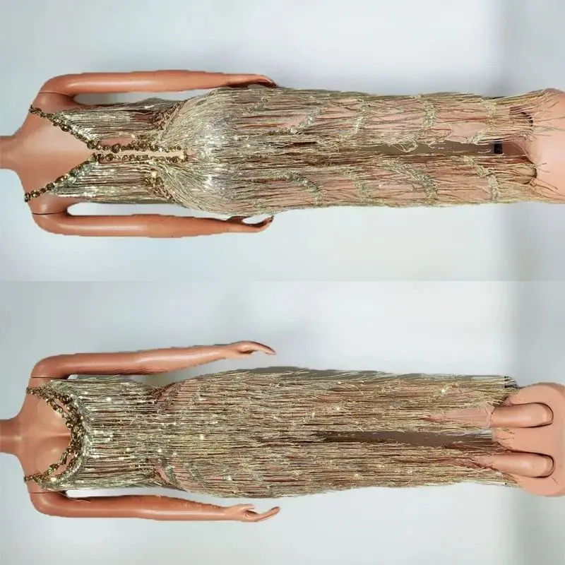 Drag Queen Outfit Gold Strass Vollfransen Overall Frauen Sexy Gogo Tänzerin Kostüme Bühne Dj Ds Pole Dance Clubwear