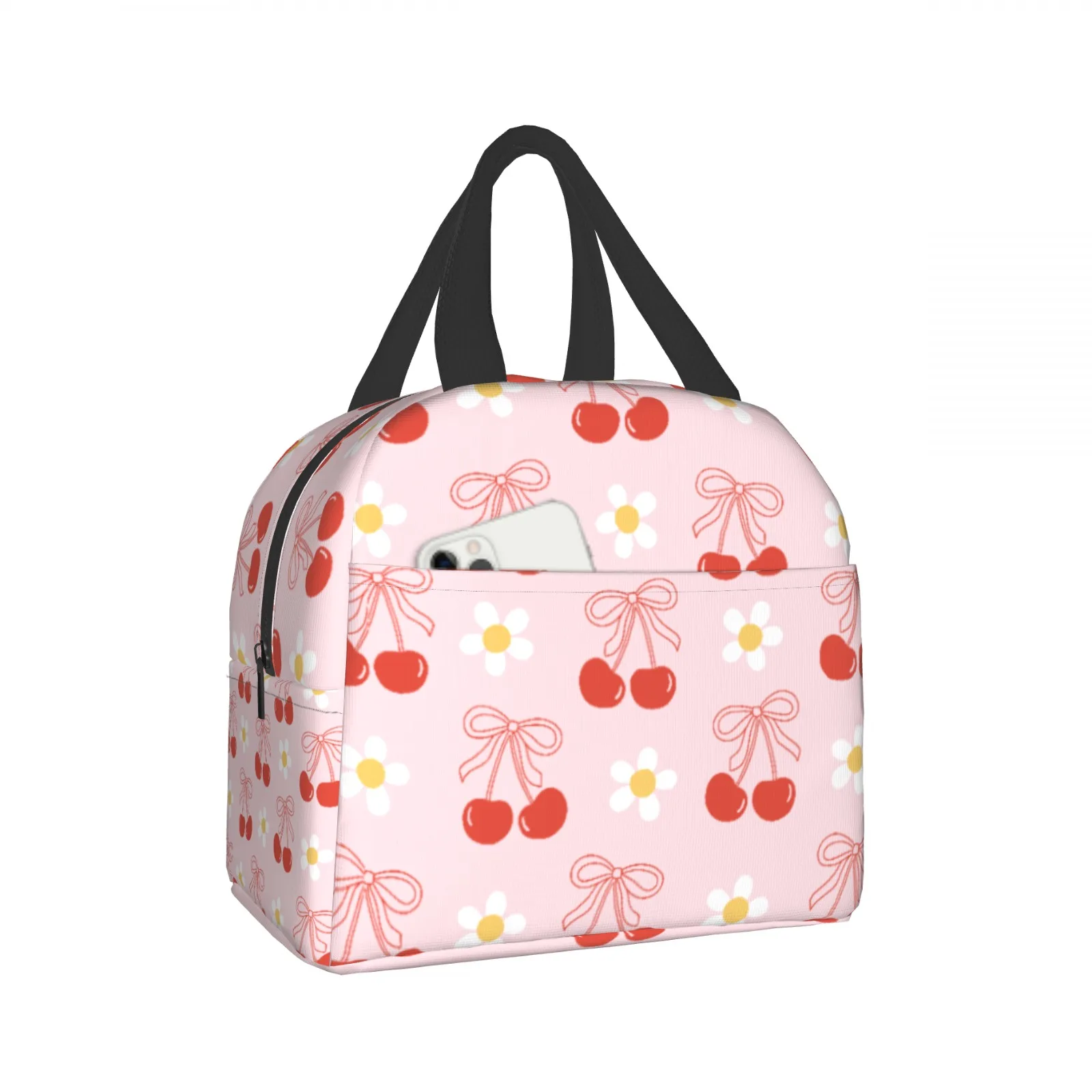 

Сумка для обеда с вишневым бантом и цветами, водонепроницаемая изолированная холщовая сумка-холодильник, термосумка для холодной еды, пикника, путешествий для женщин и детей