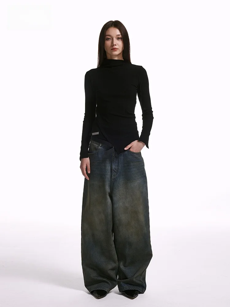 

Женская футболка с высоким воротом, облегающая, с длинным рукавом, универсальная, изысканный дизайн, Wildund Xie Ke ni, повседневная, однотонная