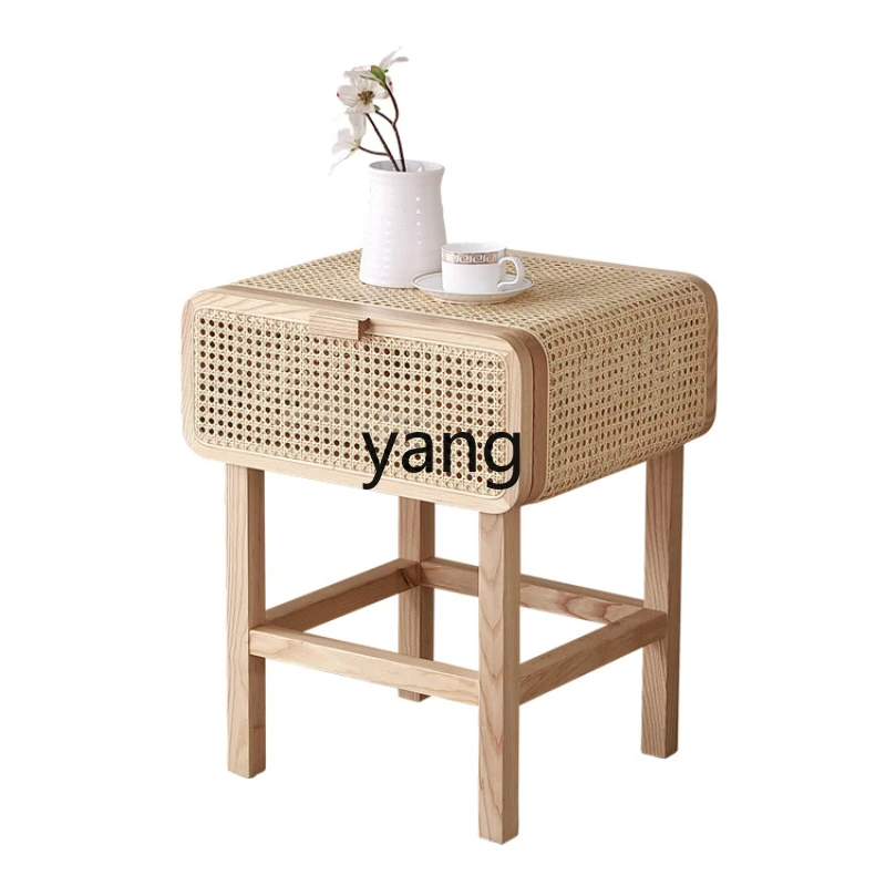 

CX Solid Wood Rattan Bedside Table Simple Modern B & B Retro Bedroom Storage Cabinet