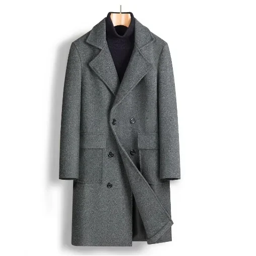 

Fashionable Men's Double-Buttoned Pure Color Casual Mid-Length Woolen Coat Spring 2025 Stylish Windbreaker