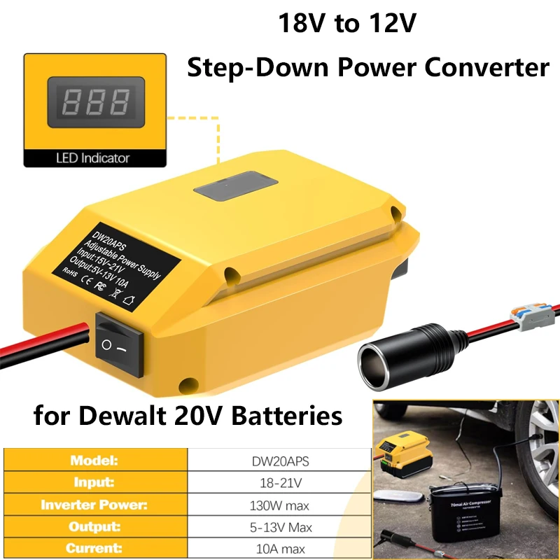 

For Dewalt DC 18V to 12V Step Down Converter 12V/20A/240W Output with Cigarette Lighter Socket for Car Fridges DCB180 DCB200
