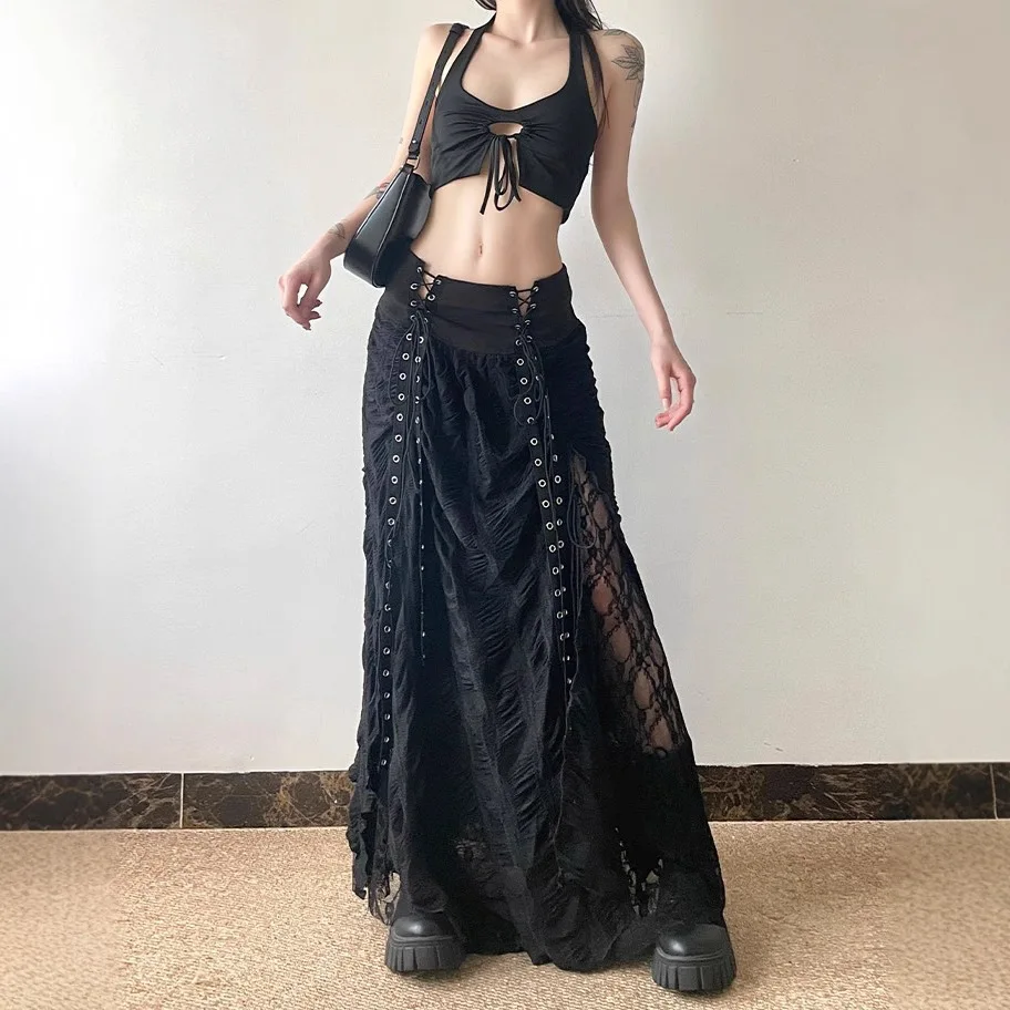 

Dark Vintage Patchwork Skirt for Women New Strap Design Niche Style High Street A Line Midi Skirt
