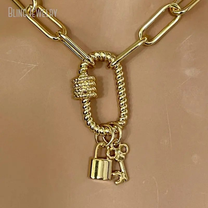 10pcs Gold Color  Paperclip Necklace Lock Charm Key Bold Rope Design Carabiner Clasp Handcrafted Statement Jewelry