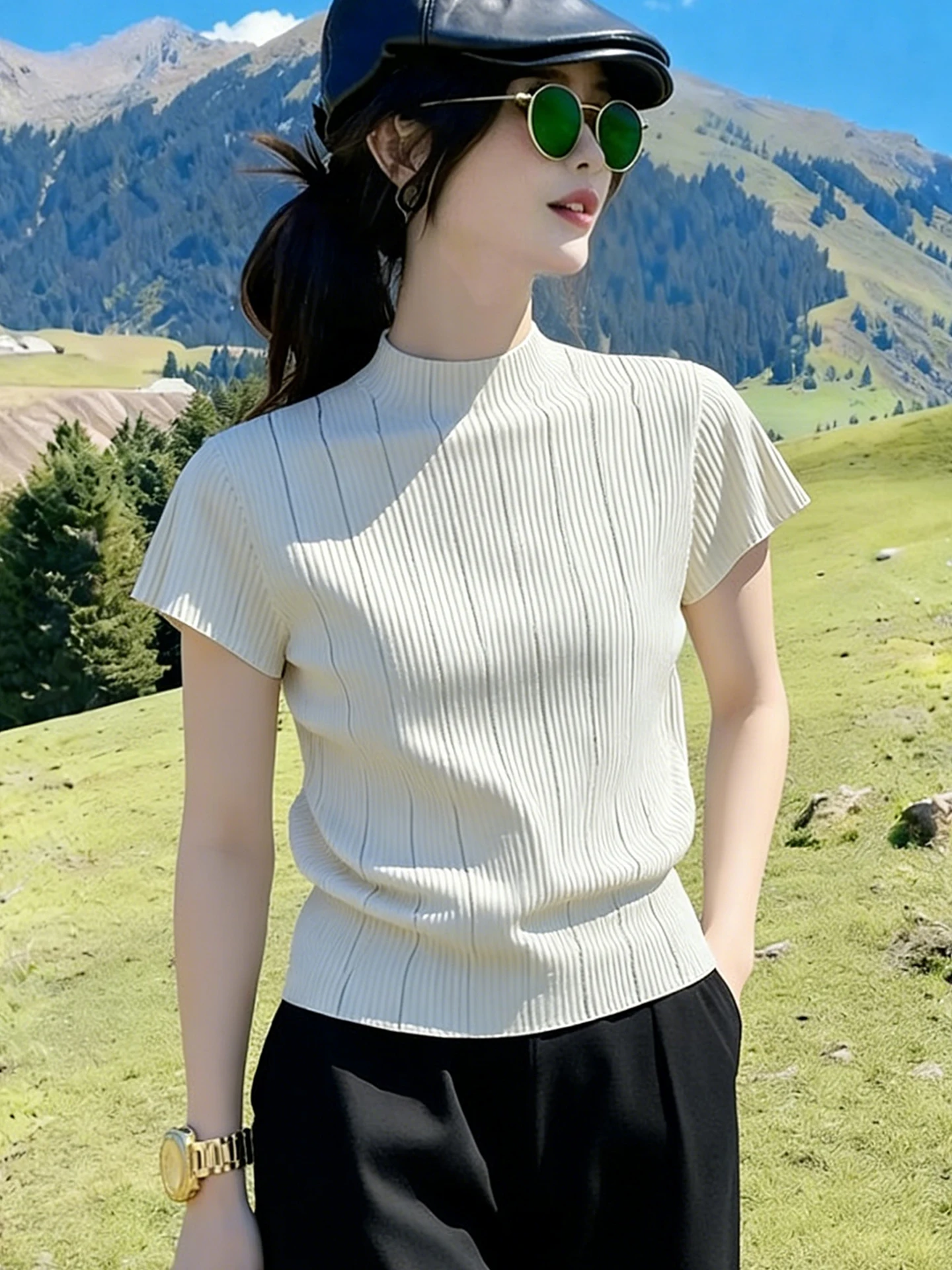 Slim Fit Short Sleeve Knitwear Half High Collar Minimalist Style Versatile Top Beautiful Elegant Slimming Women's Fashion