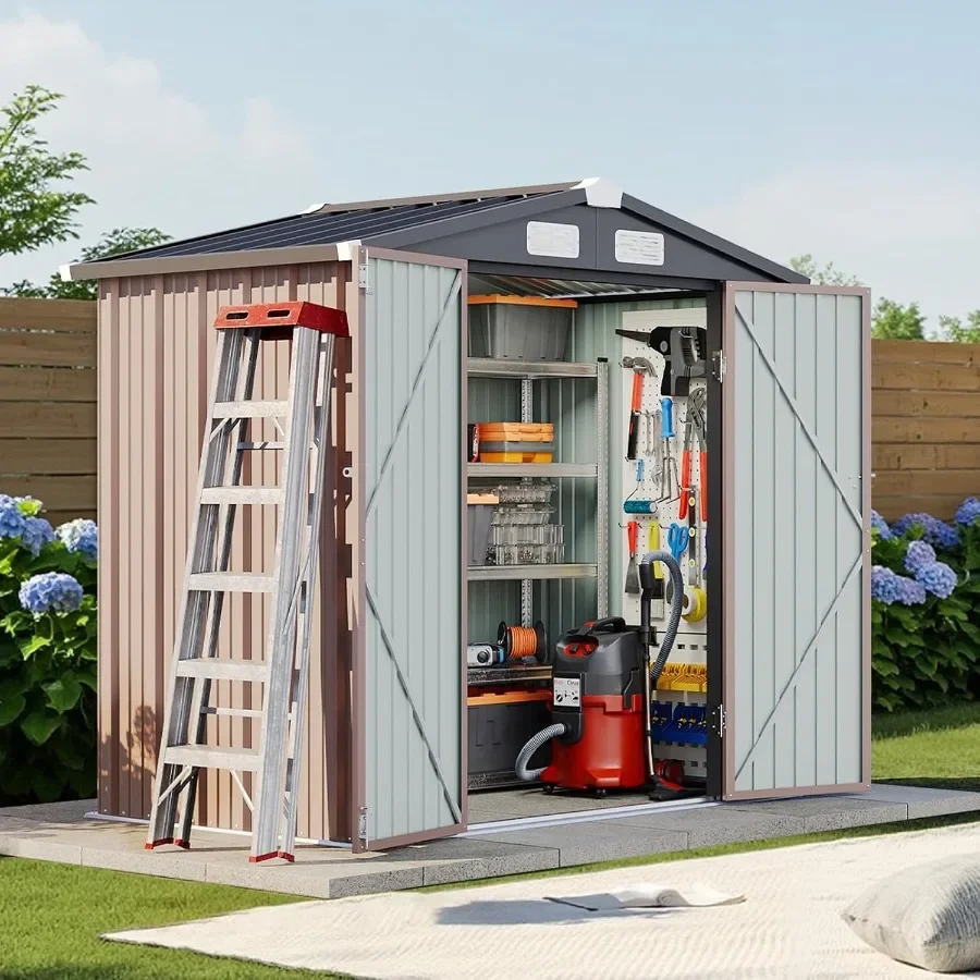 Outdoor Metal Storage Shed for Backyard or Patio Use, 6x4 Feet, Lockable Double Doors, Sloping Roof, Gray Color, Rust-resistant