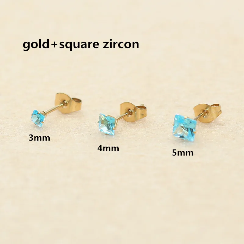 2 pc lot Circle And Square Shape Ocean Blue Zircon Brief Stainless Steel Womne Men  Stud Earrings No Easy Fade Allergy Free