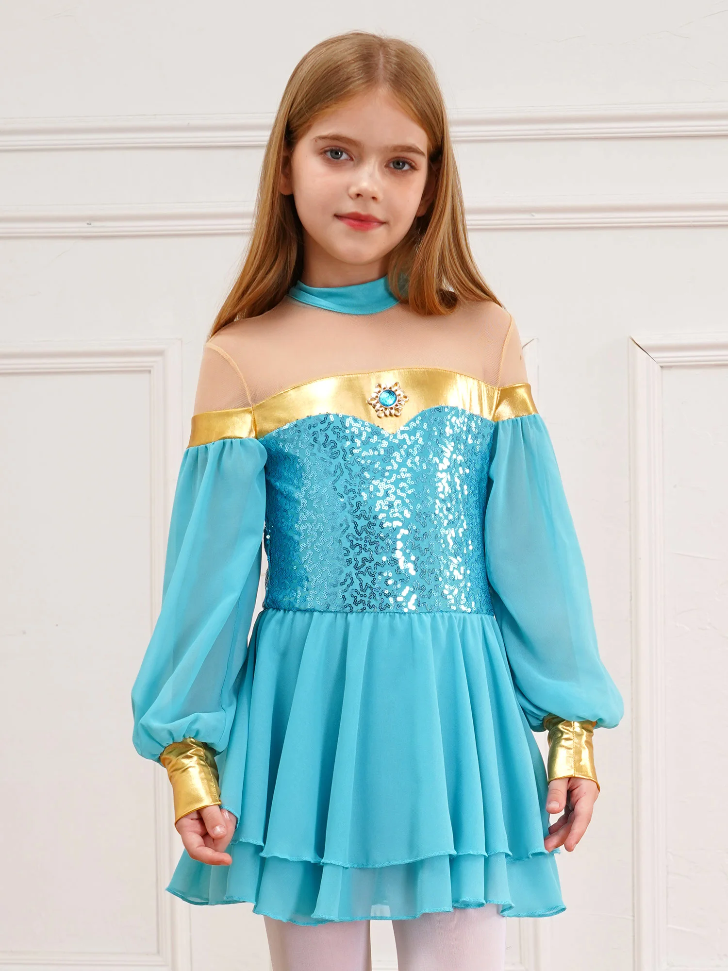 Girls Arabian Princess Costume Lantern Sleeve Gemstone Sequins Tulle Dress Kids Halloween Dress Up Carnival Cosplay Costume