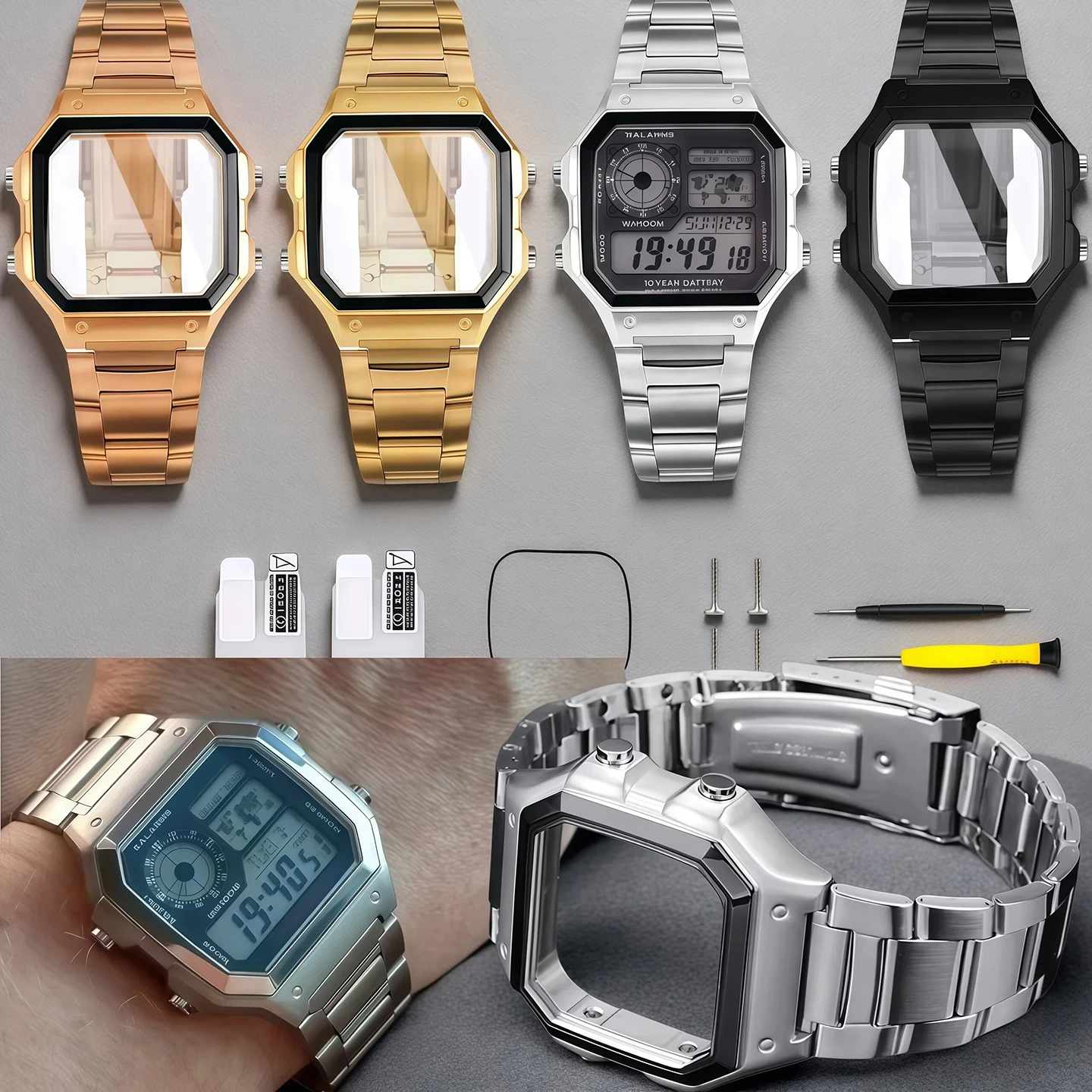 AE1200 Mod Kit Upgrade Part For Casio AE-1200WH AE-1300 Metal Bezel strap Mirror Stainless Steel Case watch band men accessories