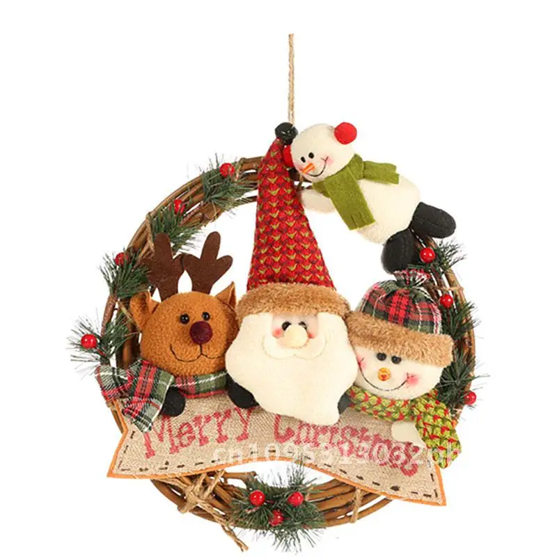 

Christmas Decorations Elderly Snowman Elk Rattan Ring Pendant Wreath Ornaments Door Hanging Wall Art Pastoral Style
