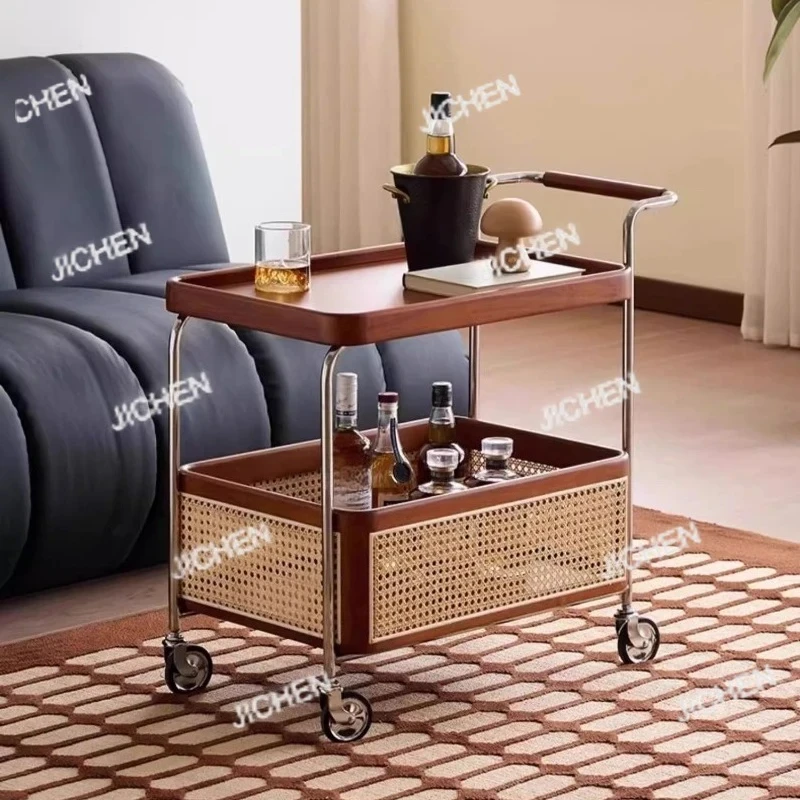 Solid Wood Stainless Steel Mobile Trolley Bedside Table Storage Rack Coffee Tables Desk Computer Desks Side Table Cart Furniture
