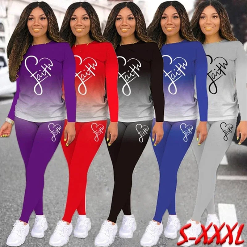 Fashion Casual Women Long Sleeve Tracksuit Printed Gradient Top and Trousers Spring Summer Ladies Jogging Suit S-3XL