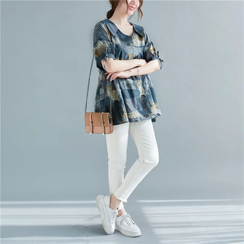 

Large Size Women's Summer Retro Printed Short Sleeved T-shirt Loose Top Slimming High Waisted Doll Shirt