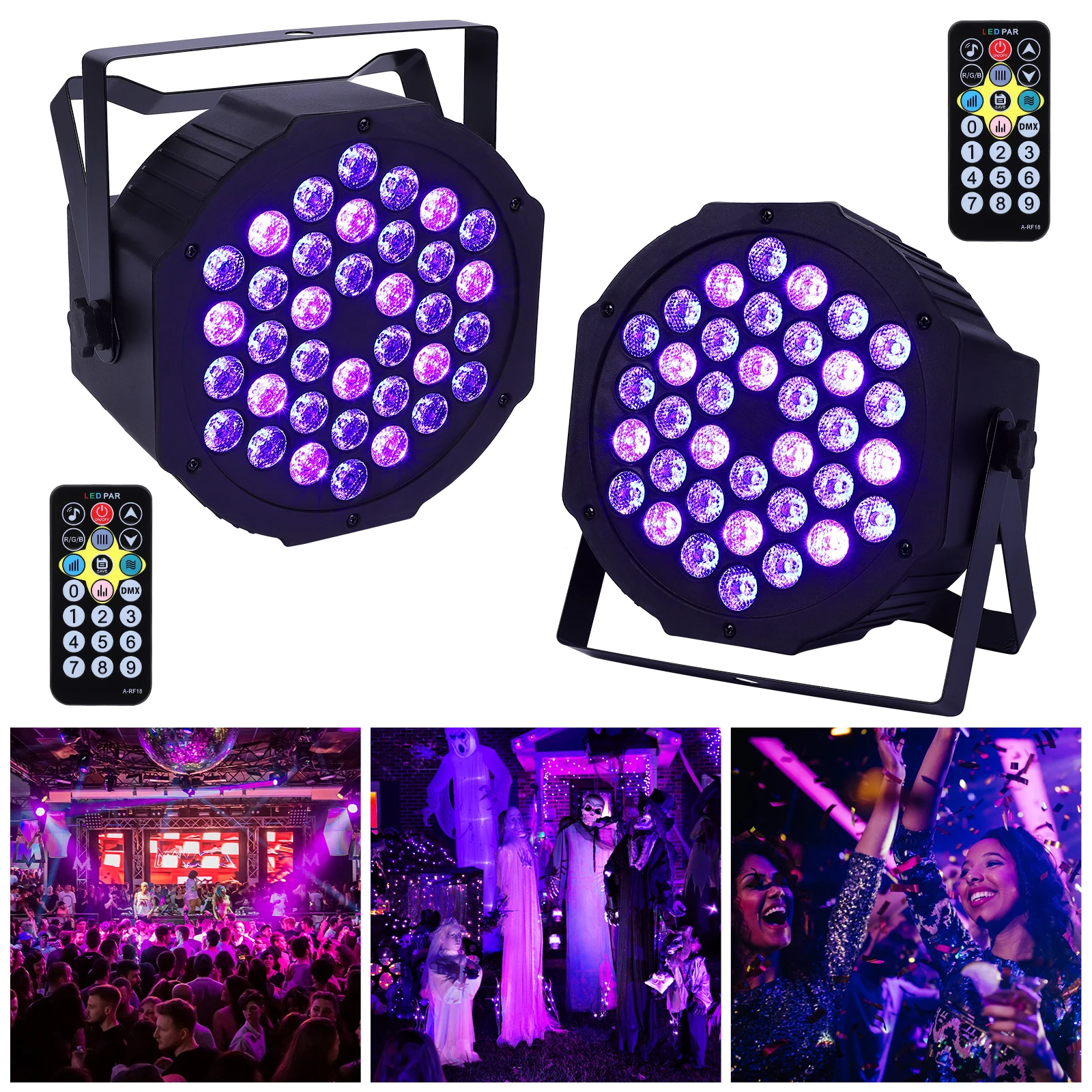 UV Black Light, Pack of 2, 36 LED Disco Party Light Par Spotlight, DMX512, Remote Control, Music Controlled, Stage Lighting