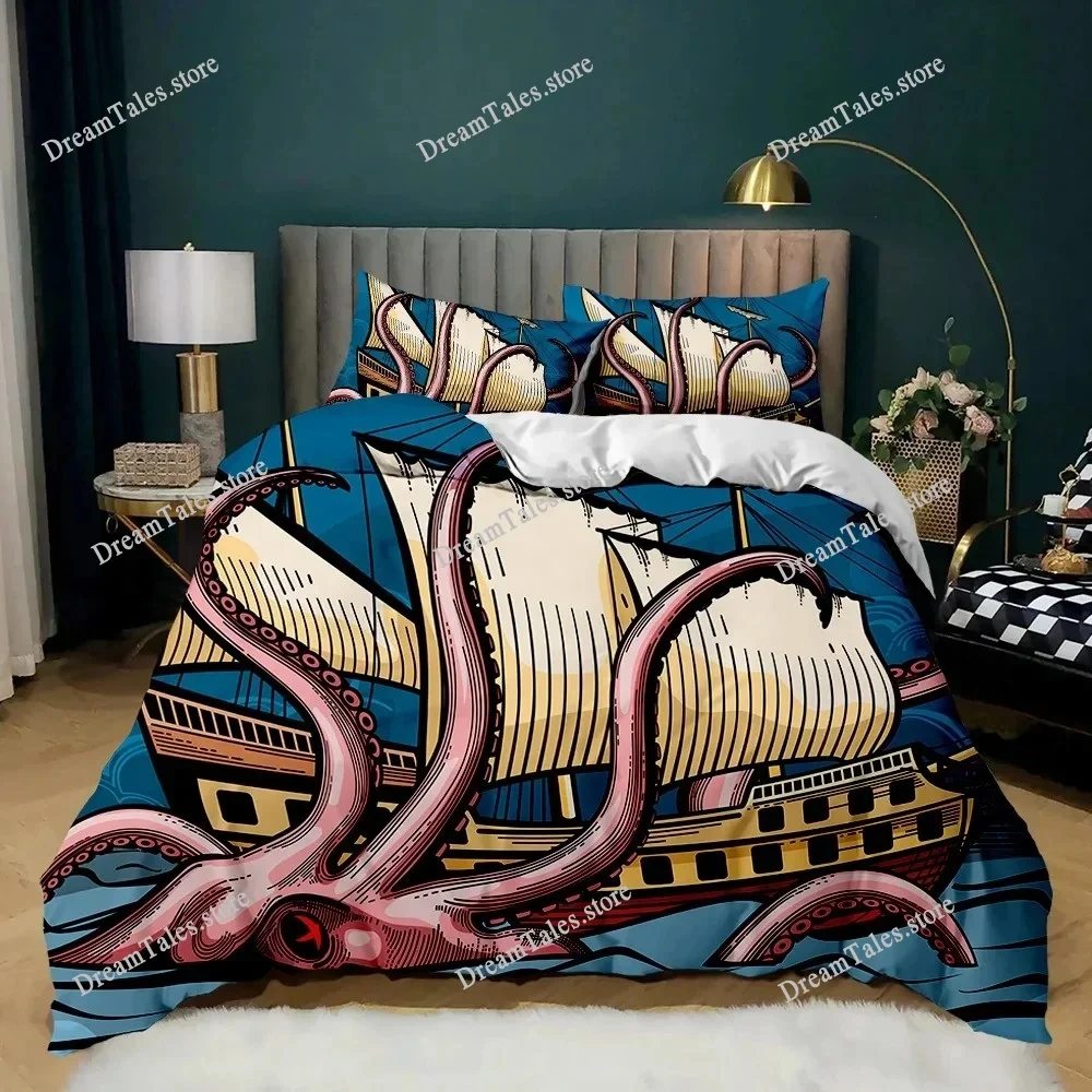 

Cartoon Octopus Duvet Cover Set King Queen Size Sea Animal Bedding Set Red Blue 3D Print Soft Polyester Comforter Cover