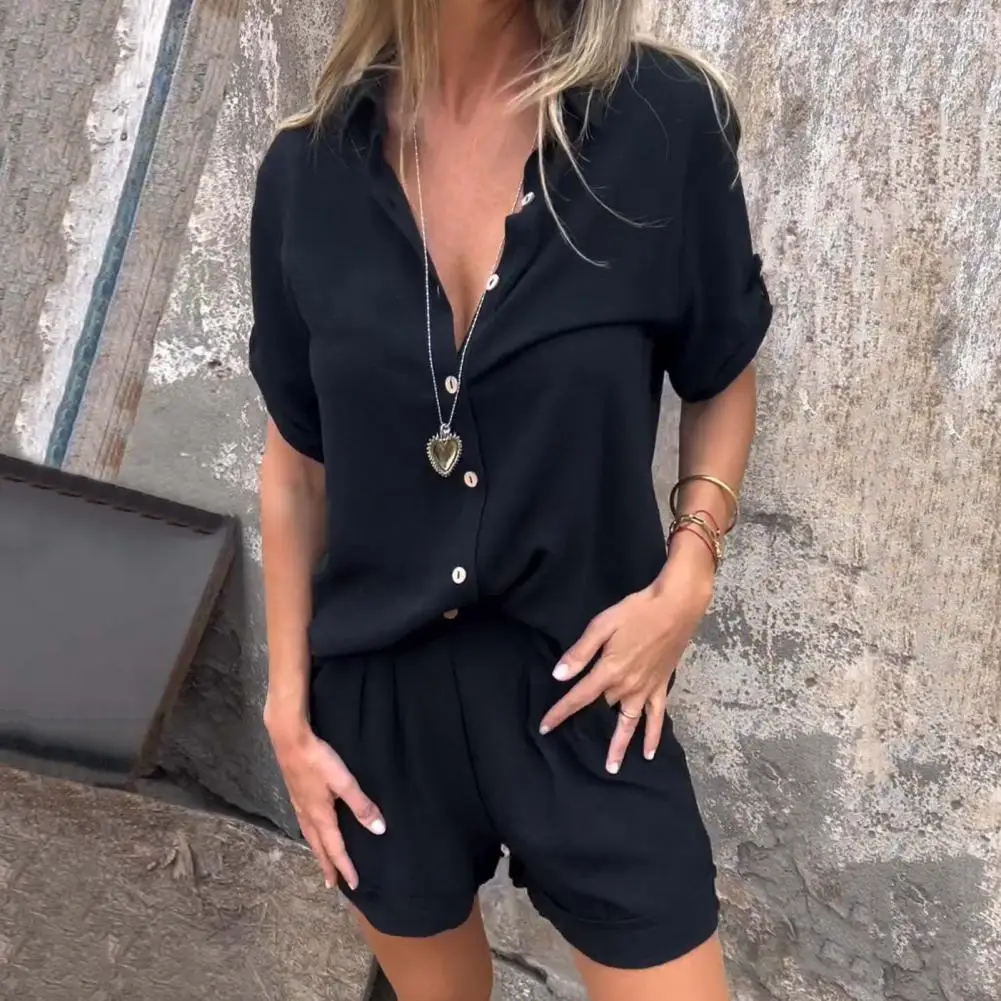 Completo da donna con pantaloni larghi completo da pendolare alla moda con camicetta a maniche corte pantaloncini a vita alta 2 pezzi pantaloni da camicia per donna