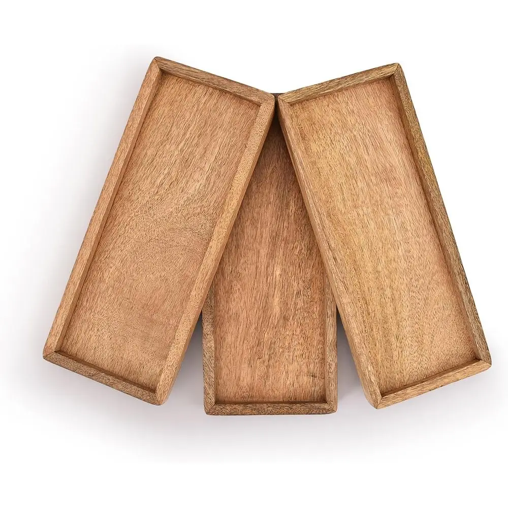 Set of 3 Mango Wood Serving Platters with Raised Edges for Fruits, Snacks, Appetizers, and Sushi - 12 x 5 x 0.75