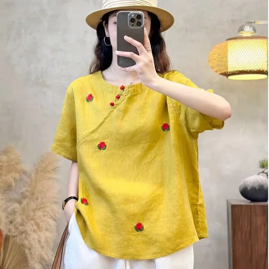 New Chinese Sle Loose Fit round Ne ort Sve Embroidered Linen irt Women Summer Anti-Aging Slimming Top