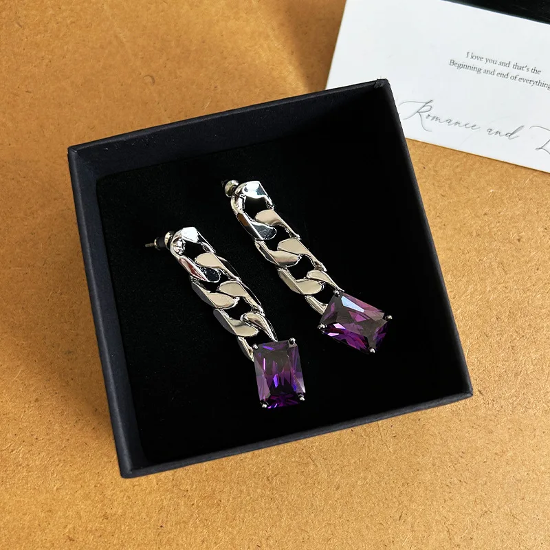 

High End Designer Purple Crystal Thick Cuban Chain Earrings Cool Streetwear Hip Hop Ear Ornaments Fashion Gift for Trendy Girls