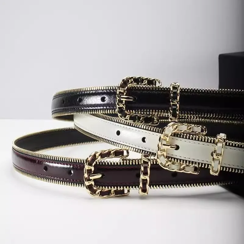 Luxury Cowhide Zipper Decorative Belt Designer Alloy Buckle Waist Strap Female Jeans Trouser Dress Waistband