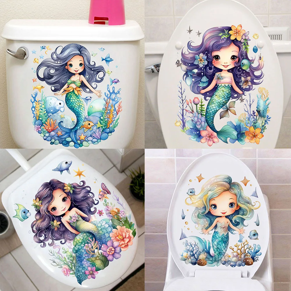 Underwater World Mermaid Toilet Bathroom Wall Stickers Kids Room Living Room Decorative Waterproof Vinyl Cartoon Sea Theme AA445