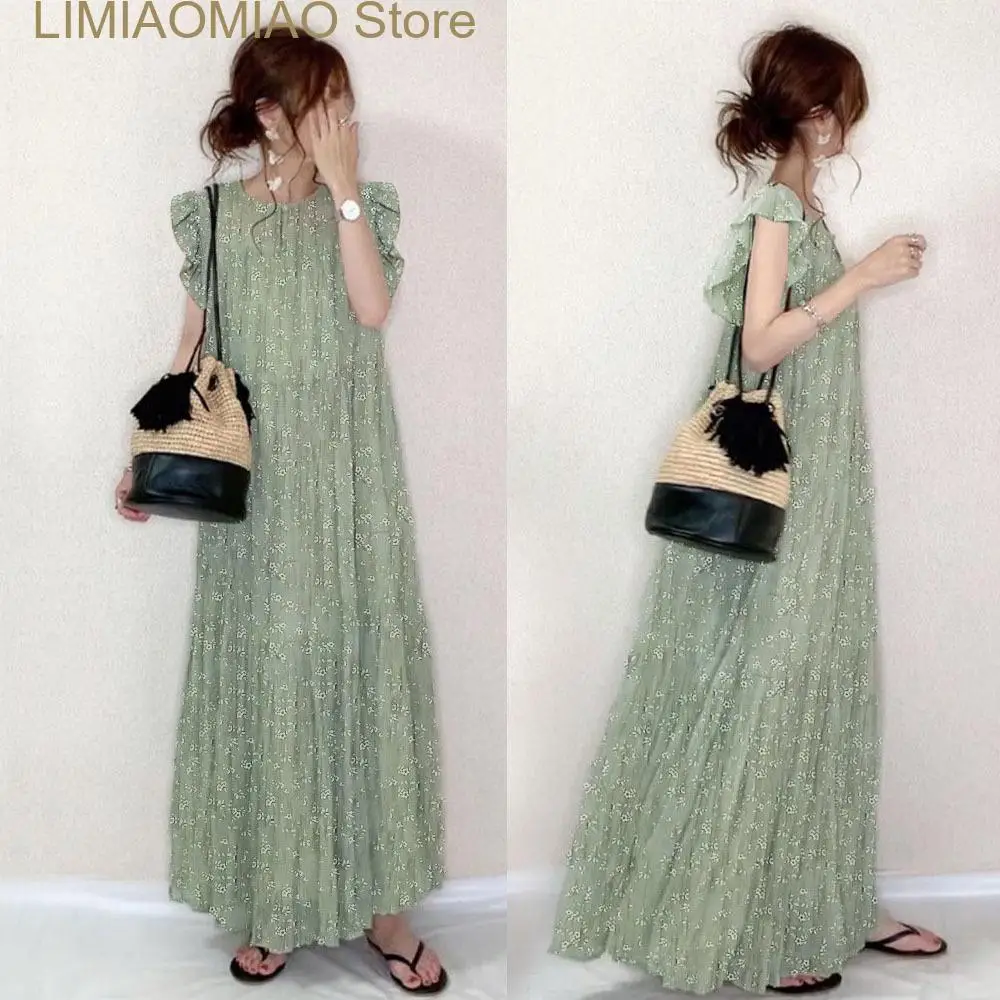 

New Summer Women Clothing Temperament Sweet Sunscreen Floral Round Neck Lotus Leaf Sleeve A-line Skirt Long Dress Women