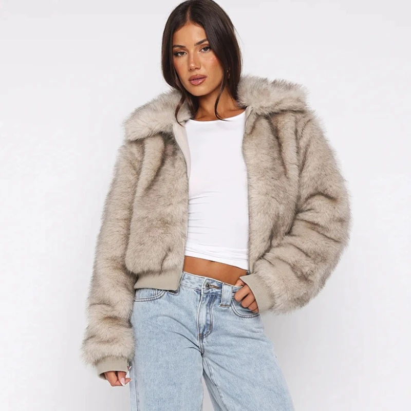 TARUXY Modna Ciepła Kurtka z Klapami Damska Luźna Zapinana na Zamek Długi Rękaw Łączona ze Sztucznym Futrem Płaszcz do Pracy Zimowy Nowość 2025