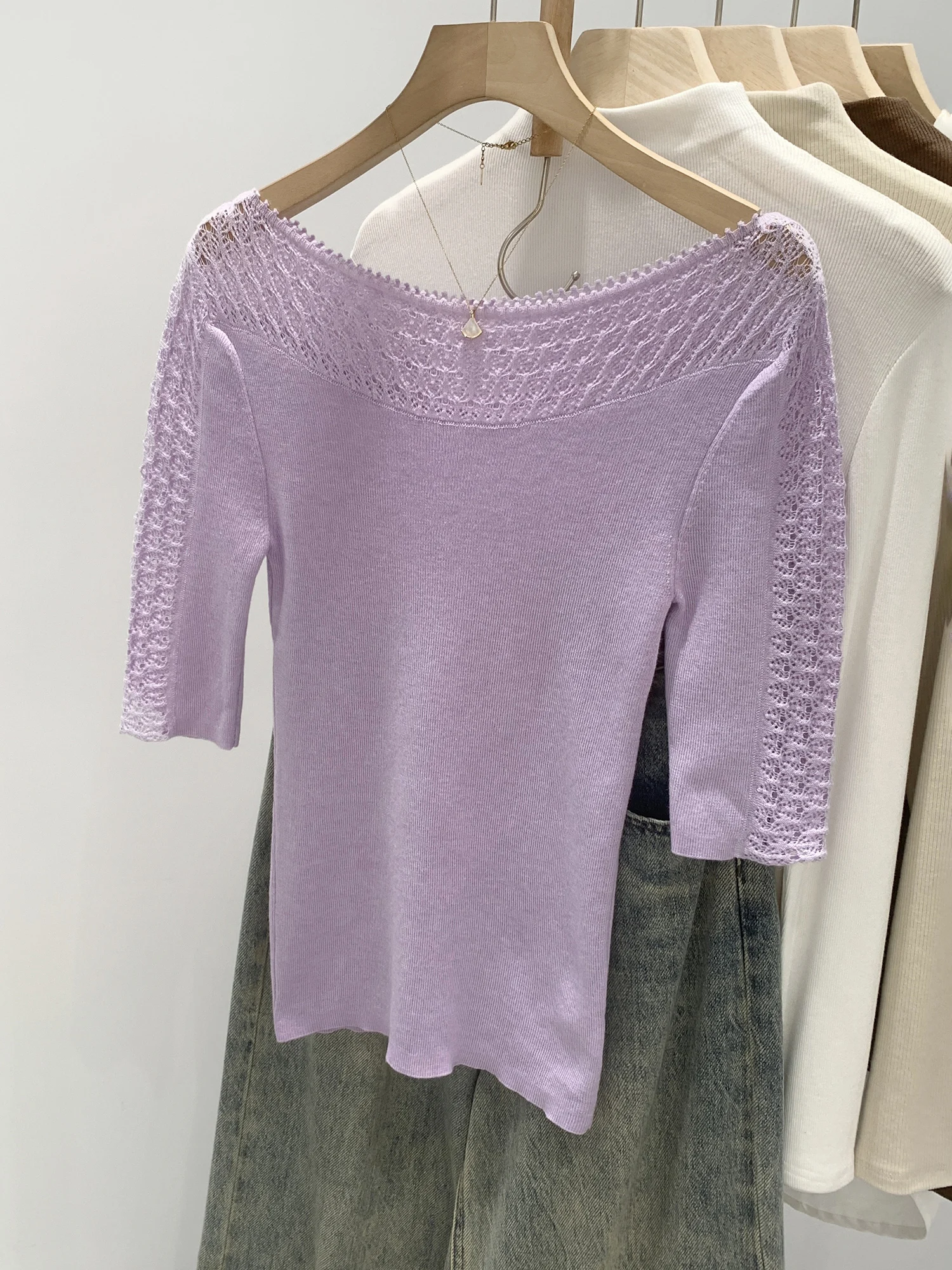 

Korean Style round Neck Hollow out Slim Fit Knitwear Women's mid Sleeve Summer New High Awareness Beautiful Top