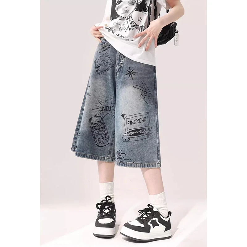 Graffiti Mid-length Denim Shorts Women Summer American Vintage Loose Straight Wide-leg Versatile Jeans Female