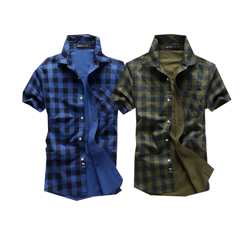 Blouse Lapel Button Down Slim Cardigan For Man Social Business  Plaid Shirt Male Short Sleeved  Spring Autumn Blouse Mens Top