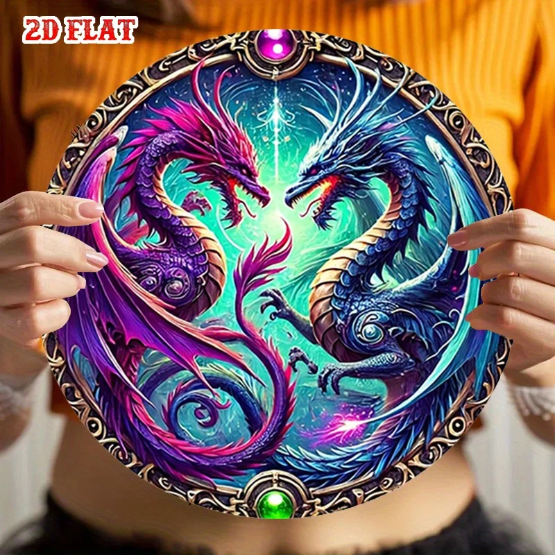 مسطح ثنائي الأبعاد، قطعة واحدة من لوحات فنية جدارية من الألومنيوم على شكل تنين أسطوري - لافتة قصدير معدنية كونية نابضة بالحياة مع إطار كريستالي، ديكور ريفي للمنزل، #6