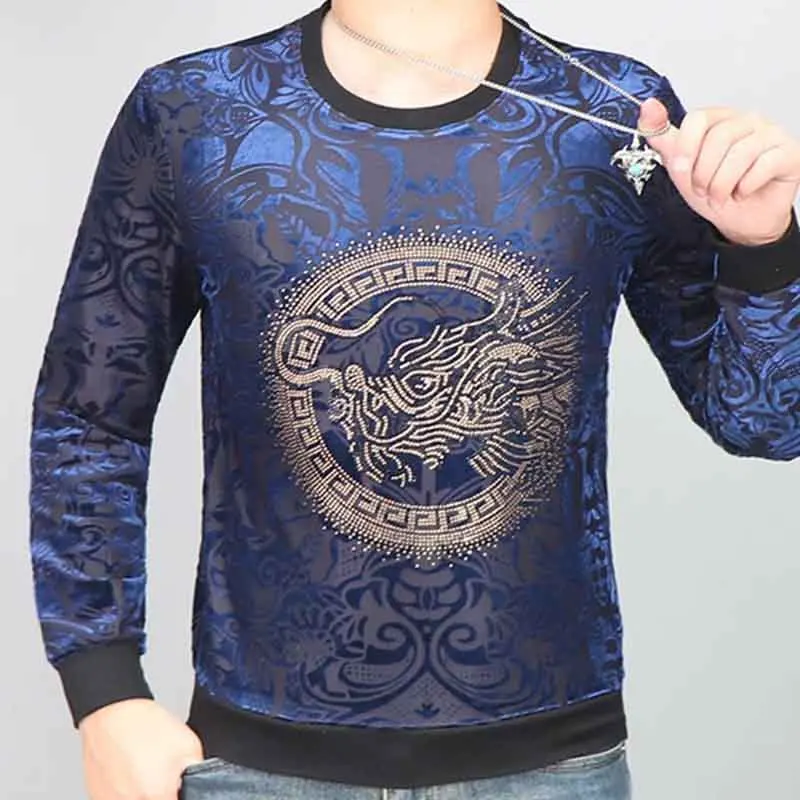 2025 European men's fashion new flocked round neck hot diamond casual T-shirt sweatshirt