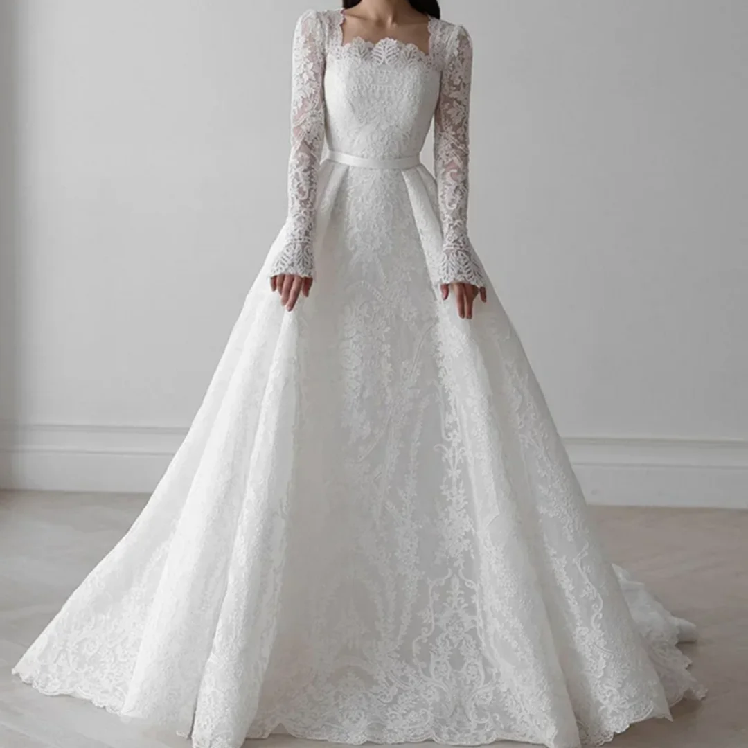 

Gorgeous Square Neck Long Sleeves Sweep Train Arabic Bridal Gown Lace Wedding Dress for Bride Customized