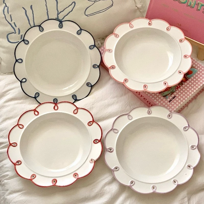 9-inch Korean Retro Hollowed Out Lace Exquisite Dessert Cake Plate, Underglaze Color Fruit Spaghetti Breakfast Relief Plate