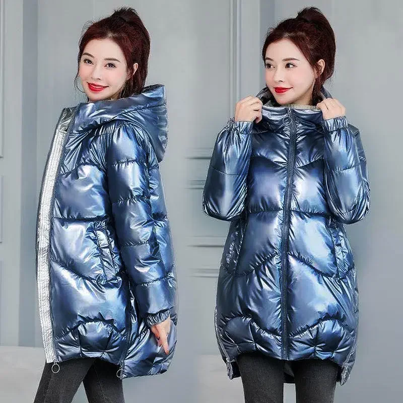 Autumn Winter Glossy Down Cotton Jacket Korean Streetwear Hooded Waterproof Warm Parkas Casual All-match Mid-length Jacket Women