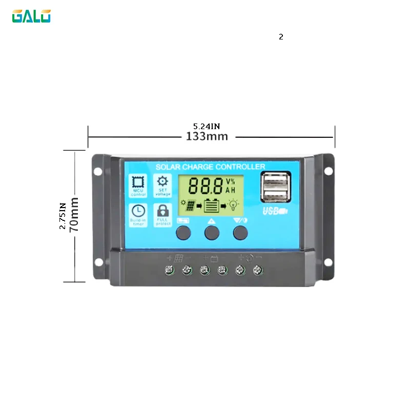 Pengendali pengisian daya dan pelepasan tenaga surya, Regulator tenaga surya LCD otomatis USB ganda 30A 20A 10A 12V 24V untuk Pembuka geser ayunan