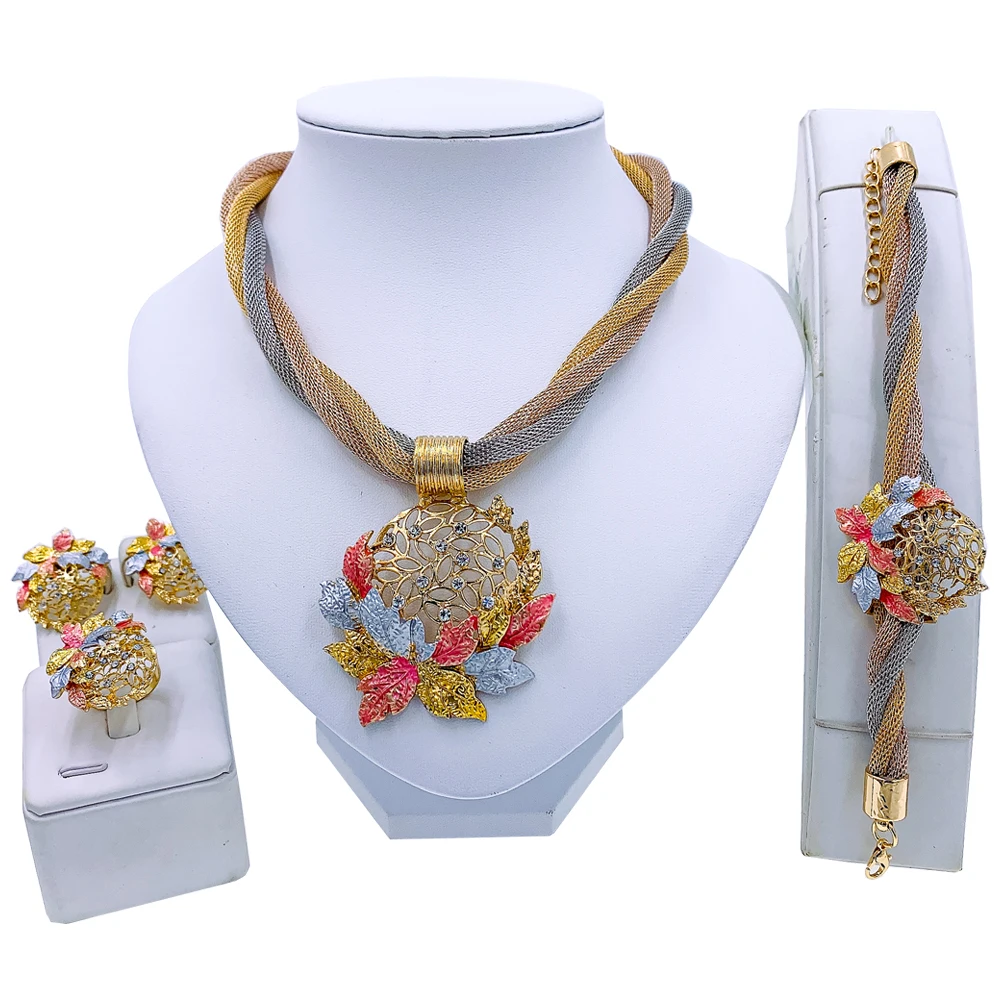 Dubai Jewelry Sets Wedding Jewellery Flower Pendant Italian Women Bridal Gold Plated Tassels Necklace for Daily Party