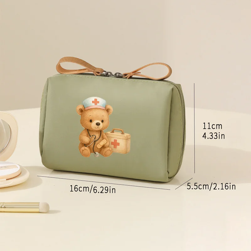 Medication Organizer Travel Bag - Cute Bear Cross Design with Medication Labels - Compact Toiletry & Makeup Organizer with Bow