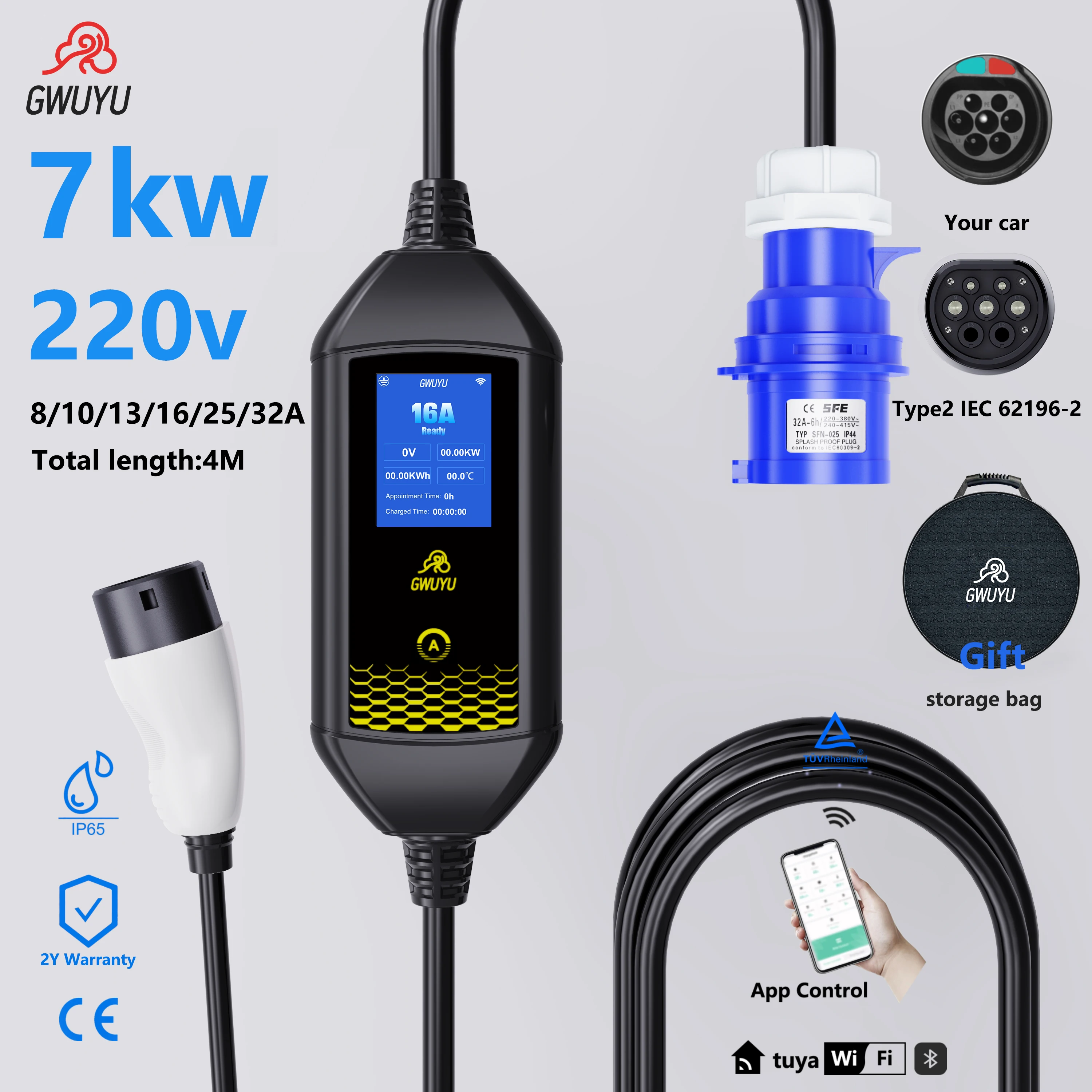 Caricatore GWUYU EVSE Tipo 2 7KW/32A con Corrente Regolabile e APP, Wallbox Portatile con Protezione da Perdite, Impermeabile IP65 per Auto Elettriche