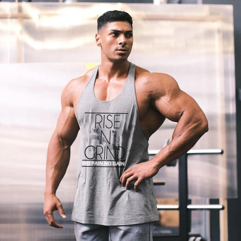 RISE N' GRIND NO PAIN NO GAIN Men's Sleeveless Gym Tank Tops Bodybuilding Muscle Vest Fitness Workout Shirts Stringer Clothes