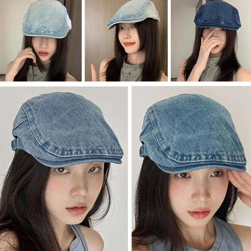 Solid Color Forward Hat Japanese Retro Denim British Ladies Men Hat Newsboy High Literary Quality Versatile Style Simple Be E0M3