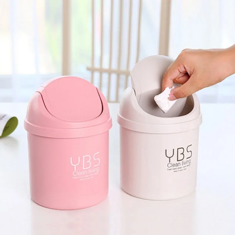 Mini Waste Bin Trash Cans Desktop Garbage Basket Table Roll Swing Lid Small Scissors Pencil Household Office Cleaning Tools