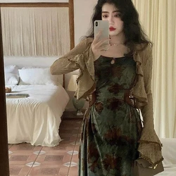 Elegant Vintage Green Floral Print Camisole Dresses+ Y2k Long Sleeve Sun Protection Coat Women Oversize New Two Piece Sets