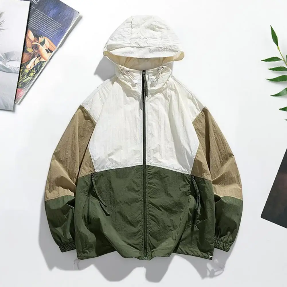 

Men Summer Sun Protective Coat Hooded Long Sleeve Anti-UV Thin Jacket Adjustable Drawstring Zippered Placket Anti-UV Coat 남자 재킷