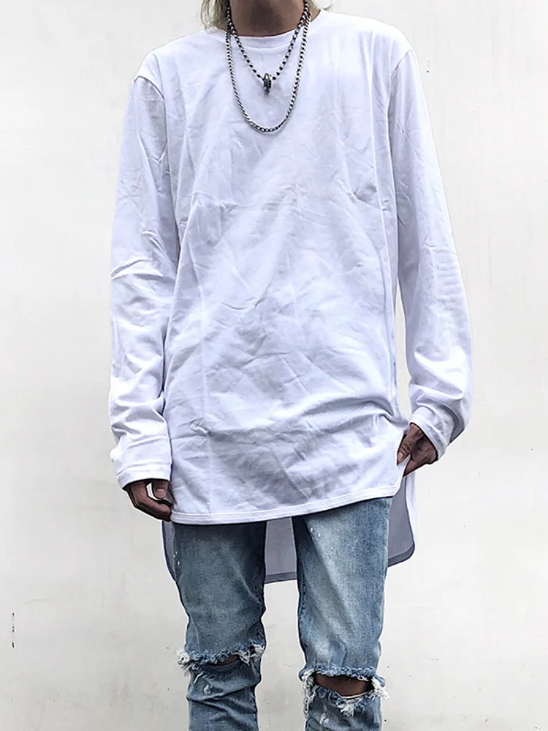 

High Street Men's Solid Color Bottom Front Short Rear Long Split Arc Extended Loose Drop Shoulder Long Sleeve T-Shirt