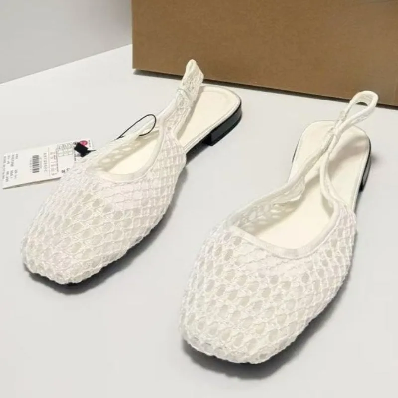 Woven Mesh Hollow Out Women Summer Shoes Square Toe Breathable Slip on Leisure Comfort Vacation Beach Flat Sandals for Ladies