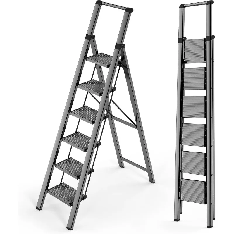 Escalera de 6 escalones, escalera plegable liviana con pedales anchos antideslizantes, escalera de tijera con pasamanos seguro, para el hogar, la cocina, 300 libras-Negro