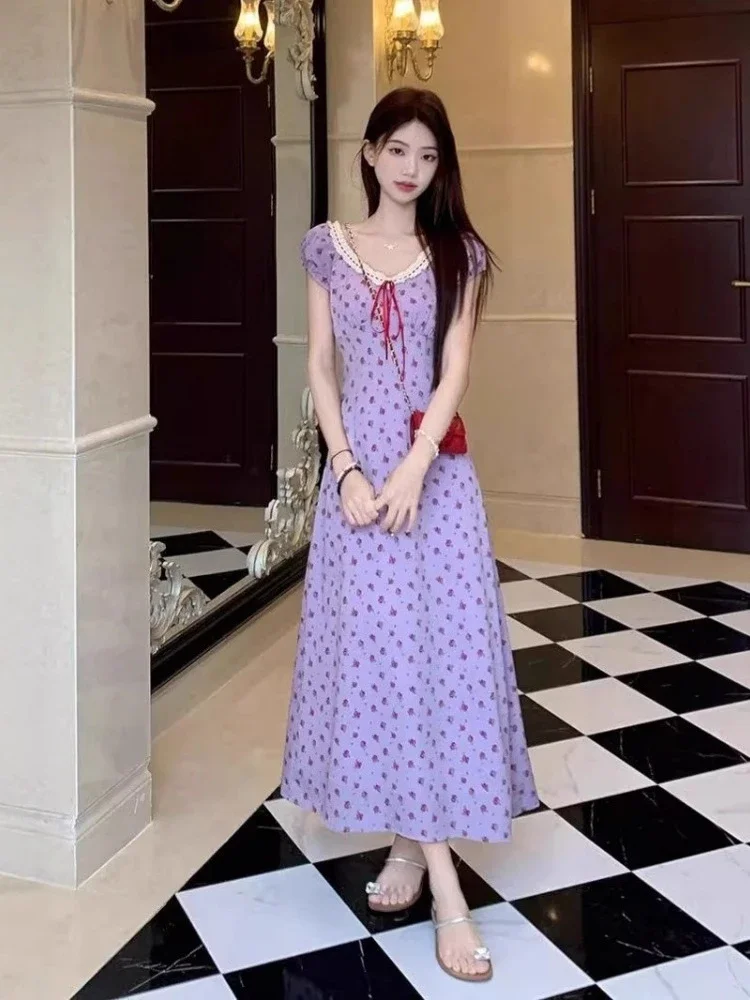 Robe Vintage en dentelle pour femmes, imprimé floral, Patchwork, taille haute, tempérament coréen, Maxi, 2025