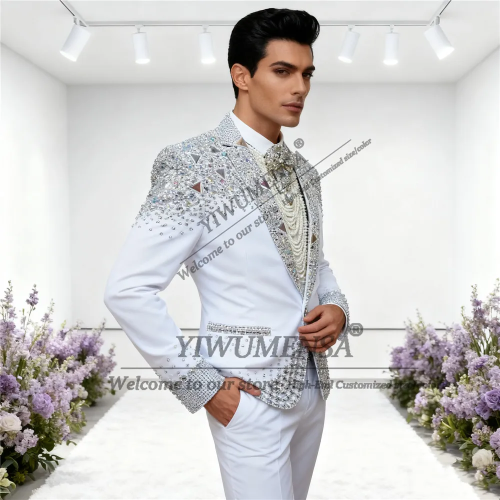 Sliver Beaded Stones Suit Attire Men For Wedding Single Breasted Prom Blazers Customized 2 Piece Set Man Banquet Outfits Luxury